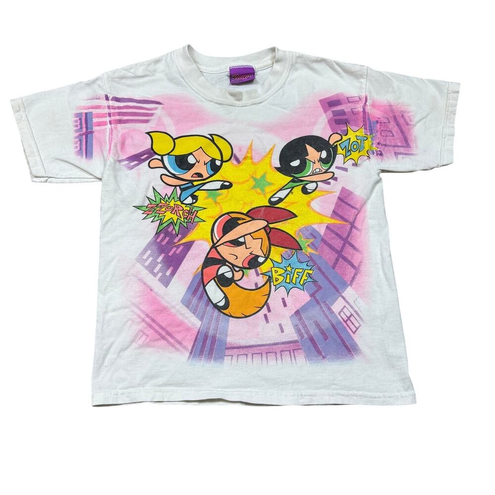 Rare Vintage 2001 Powerpuff Girls Cartoon Network AOP Baby Tee Shirt Women's XS